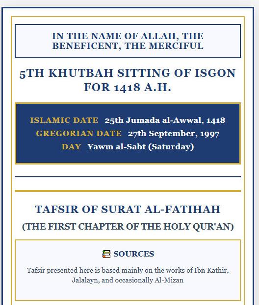 5TH KHUTBAH SITTING OF ISGON FOR 1418 A.H.